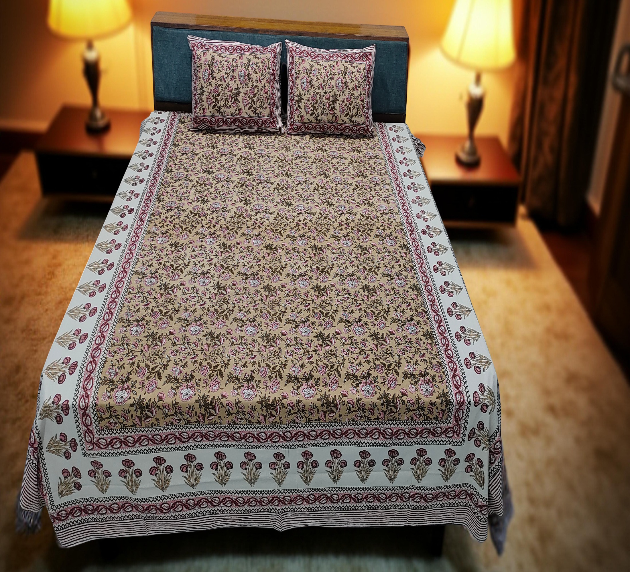 PINK FLORAL PRINT PURE COTTON  KING SIZE PREMIUM BEDSHEET