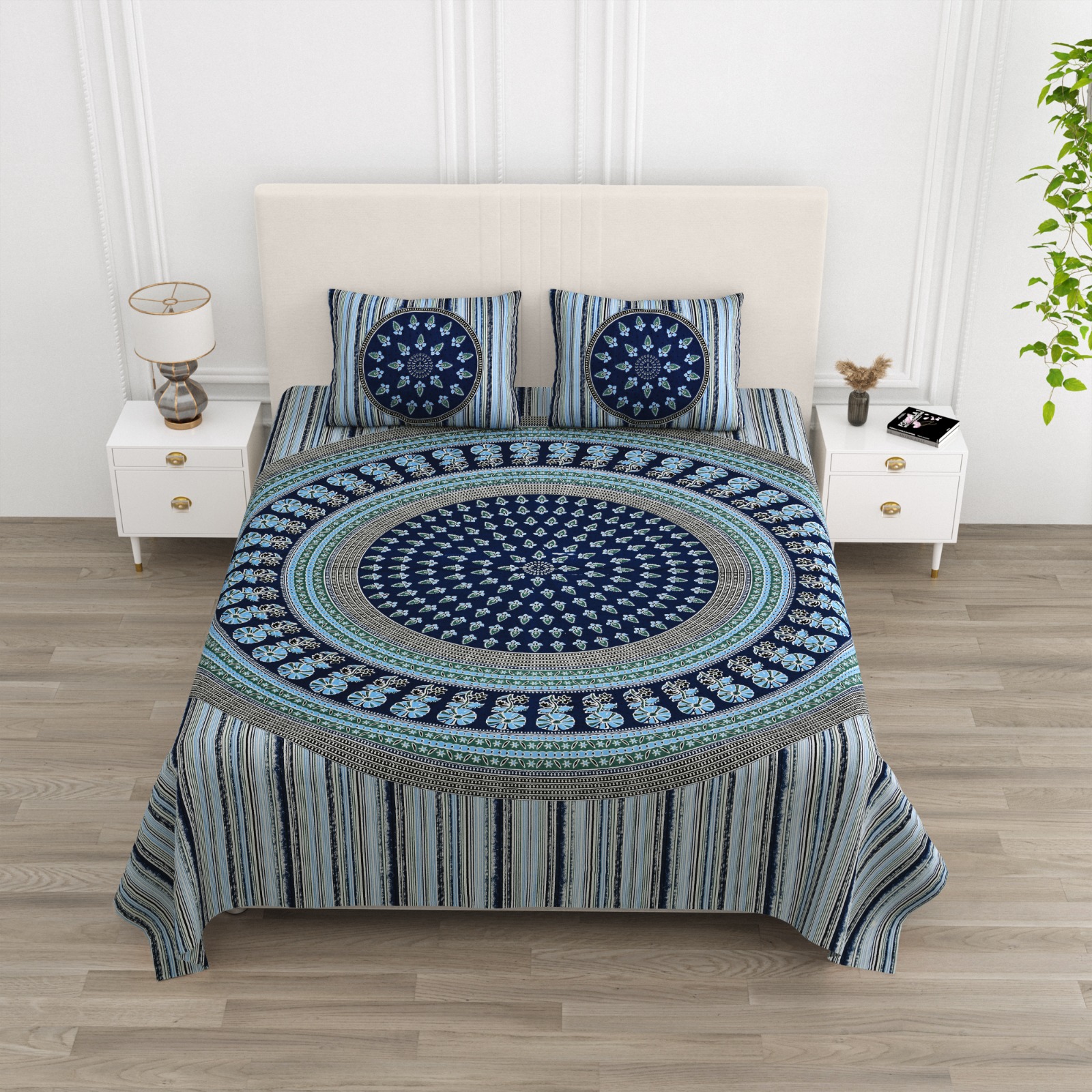 BLUE MANDALA  PURE COTTON PREMIUM KING SIZE BEDSHEET